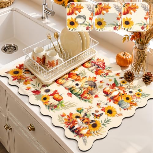 LOKHOM Scalloped Fall Dish Drying Mat, 18"x24" Coffee Mat Pumpkin Fox | Butterfly Mushrooms Print, Super Absorbent, Quick Dry Dish Drainer Rack Mat, For Kitchen Counter Sink Bar Thanksgiving Decor - color: Fall Pumpkin Fox, size: 18" x 24"