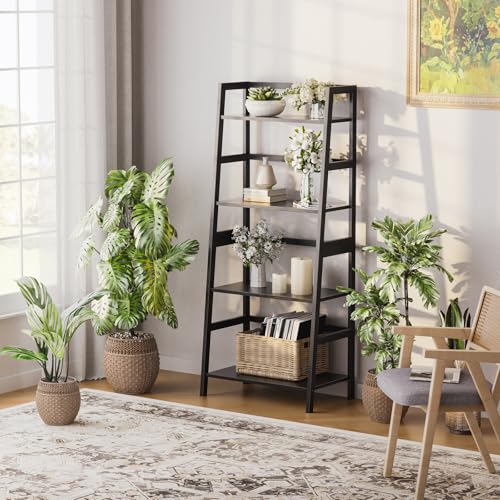 HITNET Ladder Shelf Black, 4-Tier Bookshelf, Freestanding Bathroom Storage Rack with Bamboo Frame, Plant Display Stand for Living Room, Kitchen, Home Office - color: Black