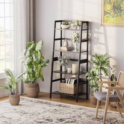 HITNET Ladder Shelf Black, 4-Tier Bookshelf, Freestanding Bathroom Storage Rack with Bamboo Frame, Plant Display Stand for Living Room, Kitchen, Home Office - color: Black