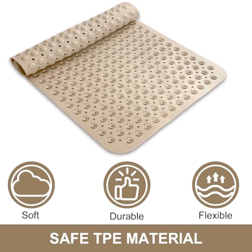 Shower Mat Non Slip, 36" x 24" Large Shower Floor Mat with Drain Holes and Suction Cups, Soft TPE Anti Slip Shower Stall Mats for Inside Shower, Machine Washable, Khaki - color: Khaki
