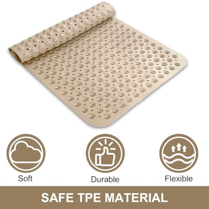 Shower Mat Non Slip, 36" x 24" Large Shower Floor Mat with Drain Holes and Suction Cups, Soft TPE Anti Slip Shower Stall Mats for Inside Shower, Machine Washable, Khaki - color: Khaki