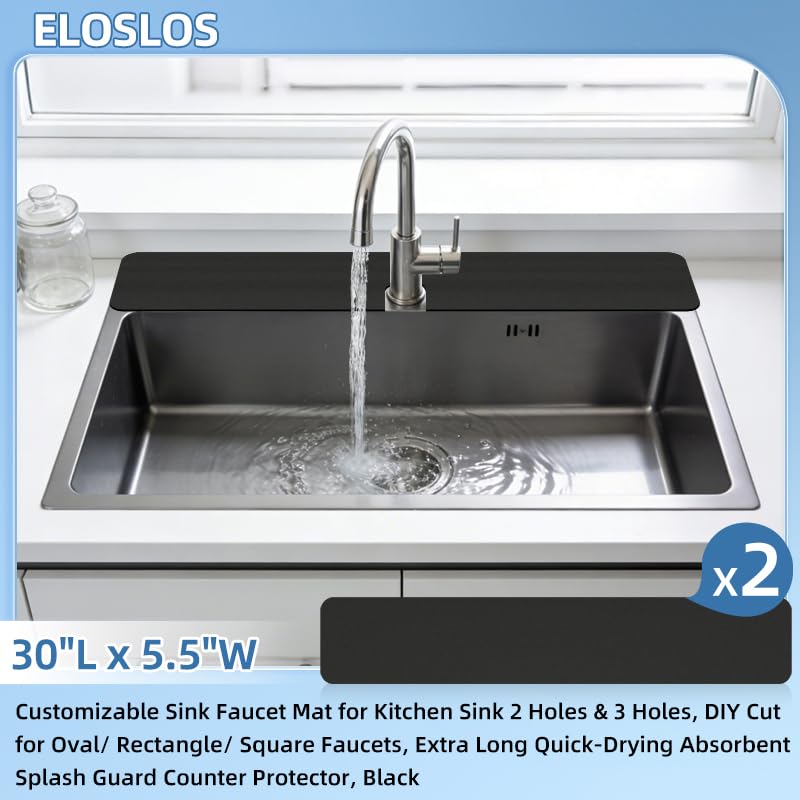 2PCS 30″x5.5″ Customizable Sink Faucet Mat 2&3 Hole Kitchen Sinks, Black | DIY Cut for Oval/Rectangle/Square Faucets, Extra Long Coverage, For Splashes & Drips - style: 2 Pcs Black