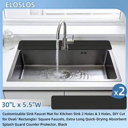 2PCS 30″x5.5″ Customizable Sink Faucet Mat 2&3 Hole Kitchen Sinks, Black | DIY Cut for Oval/Rectangle/Square Faucets, Extra Long Coverage, For Splashes & Drips - style: 2 Pcs Black