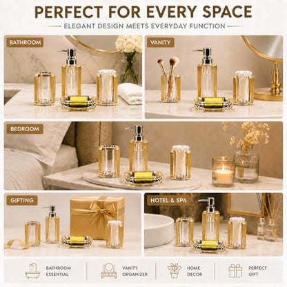 LGURT 4pc Crystal Clear Acrylic Bathroom Set, Brushed Gold Soap Dispenser | Soap dish, rinse cup & holder, with brushed gold accent. For apartment, guest bath, or vanity countertop. - color: Gold