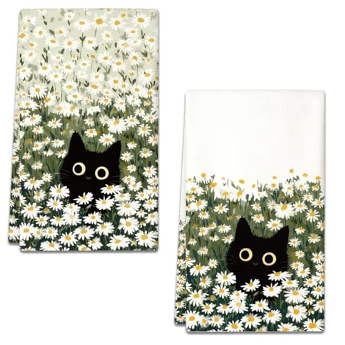 2Pcs Cute Black Cat Daisy Flower Summer Spring Kitchen Towels | Waffle Weave Hand Tea Dish Towels for Farmhouse Home Kitchen Bathroom, Black Cat Decorations,Gifts for Cats Lovers,14''×23'' - color: Daisy