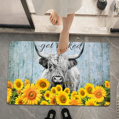 SolAzul Highland Cow Leather Diatomaceous Earth Bath Mat,Super Absorbent Diatomite Stone Bath Mat Non Slip Quick Dry Thin Bathroom Floor Mat Rug (16×24 Inch) (COW-02) - color: Cow-02