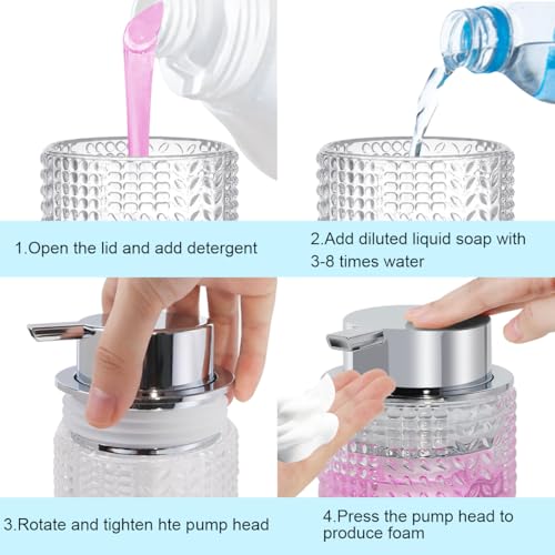 Foaming Hand Soap Dispenser, 10 oz Refillable Clear Glass Foam Soap Dispenser with Large Pump Bottle Container for Kitchen and Bathroom,1 pc - color: Silver