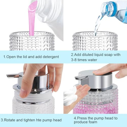 Foaming Hand Soap Dispenser, 10 oz Refillable Clear Glass Foam Soap Dispenser with Large Pump Bottle Container for Kitchen and Bathroom,1 pc - color: Silver