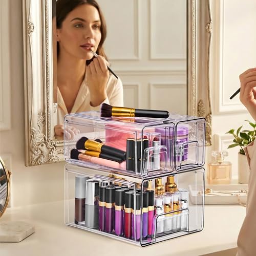 Sorbus 1 Large & 2 Small Clear Stackable Storage Drawers, Plastic Organizer Bins with Handles, Pull-Out Stackable Drawers for Bathroom Closet, Medicine, Cabinet, Pantry Storage, Baby Bottle Organizer - size: 1 Large + 2 Small