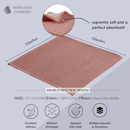 12 Pack Dual Tone Reversible Waffle Weave Dish Cloth, 12x12 Inch, 100% Cotton, Absorbent Dishcloth Set, Quick Drying, Durable for Cleaning, Wiping, Machine Washable, Rust - color: Rust
