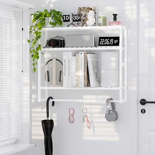 PPN Extra Large Towel Rack Bathroom Storage Shelves Over The Toilet with Towel Bar 100% Bamboo Adjustable Height Floating Shelf Wall Shower Shelf for Small Space Bathroom Kitchen Multi Usage - color: White Extra Large