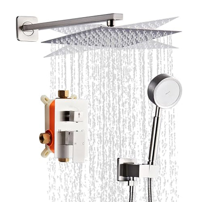 Brushed Nickel Rainfall Shower Head, Wall Mounted 8 Inch Shower Heads with Handheld Spray Combo, Luxury Bathroom Square Rain Shower System, Solid Brass Pressure Balancd Shower Faucet Valve - color: Brushed Nickel, style: 8 Inch