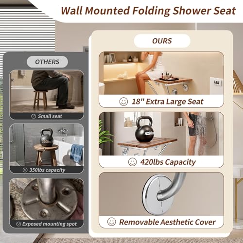 𝙐𝙥𝙜𝙧𝙖𝙙𝙚 18 Inch Teak Folding Shower Seat Wall Mounted, 420 Lbs Capacity Sturdy Shower Bench with 316 Stainless Steel Frame & Finish Caps, Narrow Bathroom Space Saving Teak Wood Shower Chair - size: 18 inch