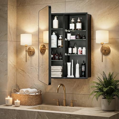 20x30 Black Medicine Cabinet with Mirror, Recessed & Surface Mount | Bathroom mirror with storage: 6 adjustable shelves fit tall bottles; DTC soft-close hinges; rust-resistant aluminum - size: 20" x 30"