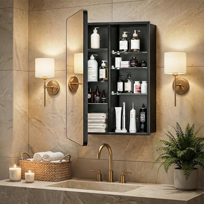 20x30 Black Medicine Cabinet with Mirror, Recessed & Surface Mount | Bathroom mirror with storage: 6 adjustable shelves fit tall bottles; DTC soft-close hinges; rust-resistant aluminum - size: 20" x 30"