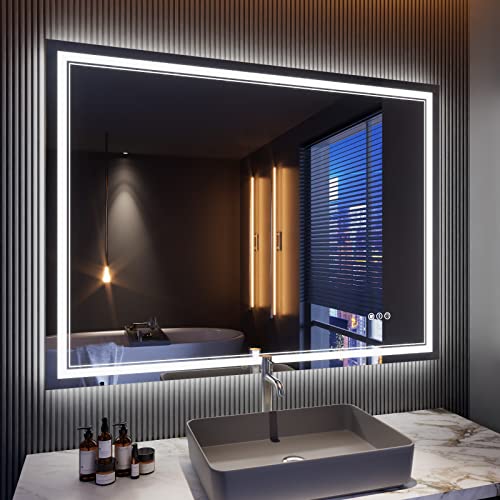 48x36 Inch LED Bathroom Mirror with Lights | Front and Backlit, 3 Colors, Dimmable, Memory, Anti Fog, Shatterproof, Horizontal/Vertical, Lighted Mirrors for Bathroom Wall - color: Dual Lights, size: 48"L x 36"W
