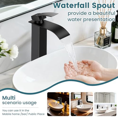 Black Waterfall Bathroom Faucet Single Handle Vessel Sink Faucet | Certified NSF cUPC DOE CEC SUS304 steel.waterfall spout,Bathroom Sink Fauce 1 hole,Pop-up Drain,Fits vanity,Bar sink - color: A-Matte Black, style: Tall