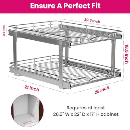 2-Tier Pull-Out Cabinet Organizer for Kitchen, 26"W x 21”D x 16.5"H | Full-Extension Sliding Shelves, Holds 100 lbs, Easy Install for Kitchen, Pantry & Under Sink Cabinets - size: 26 Inch