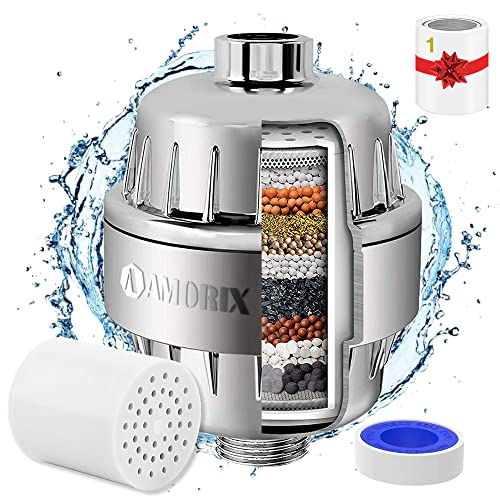 Chrome 15 Stage Shower Head Filter for Hard Water | High Output, Reduces Chlorine, Soothes Dry Skin & Itchy Scalp - Includes 2 Replaceable Filter Cartridges - color: Chrome, style: Filter with 2 Cartridges