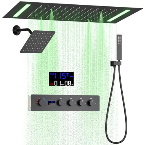 Bathroom Shower System,4 Functions Digital Temperature Display Diverter Valve,Ceiling 14x20" 2-Function Shower Head and 8 inch Wall Mounted Shower Head Combo,Handheld Shower Matte Black - color: Matte Black