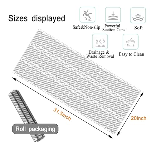 Bath Tub Shower Mat, 31 x 20 Inch, TPE Machine Washable Bathtub Floor Liner Bathroom Non-Slip Mats, Suction Cups and Drain Holes, Easy to Cut