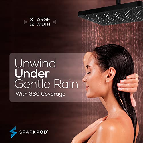 SparkPod 12 Inch Black Rain Shower Head - Ceiling or Wall Mount Rainfall Shower Head - Large Coverage Showerhead - Brass Ball Joint with 360° Adjustment - 1-Min Install (Midnight Black Matte) - color: 3 - Midnight Black Matte 12 Inch Rectangle, style: 12