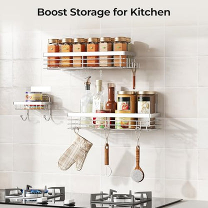 Orimade Adhesive Shower Caddy Soap Dish Holder Shelf with 5 Hooks Bathroom Organizer Basket Kitchen Storage Rack Wall Mounted No Drilling Stainless Steel - 3 Pack,Silver - color: Silver - 2 Pack with Soap Dish