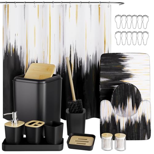 XLHOMO Black Bathroom Accessories Set - 24PCS Bathroom Sets with Shower Curtain and Rugs,Waterproof Black and White Shower Curtain Set, Toilet Brush, Trash Can & Soap Dispenser - size: Bath Set+Shower Curtain+Bath Rugs, style: Black2