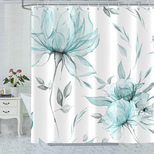 Teal Grey Watercolor Floral Shower Curtain, Flower Leaves Minimalist Aesthetic Art Shower Curtains for Bathroom Sets Decor, Waterproof Polyester Cloth Fabric with 12 Hooks,72x72 Inch - color: Teal, size: 72"W x 72"L (Pack of 1)