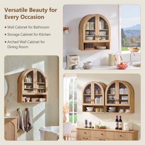 IFGET Bathroom Arched Wall Cabinet, 23.6'' Wide Medicine Cabinet with Adjustable Shelves & Glass Doors, Over The Toilet Storage Wall Mount Cabinet for Laundry Room, Kitchen & Living Room, Natural Oak - color: Natural Oak