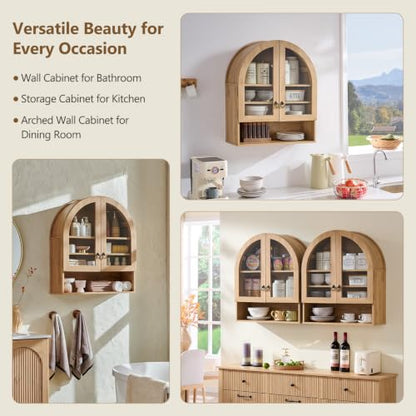 IFGET Bathroom Arched Wall Cabinet, 23.6'' Wide Medicine Cabinet with Adjustable Shelves & Glass Doors, Over The Toilet Storage Wall Mount Cabinet for Laundry Room, Kitchen & Living Room, Natural Oak - color: Natural Oak