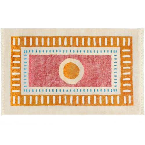Lukinbox Boho Kids Area Rugs for Living Room, 3x5 Sun Machine Washable Bedroom Rug, Super Soft Non-Slip Orange Circular Rainbow Throw Rug for Entryway Playroom Nursery Room Dinning Room - size: 2'11" x 4'11" (Rectangular)