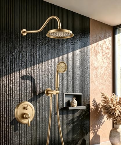 Antique Shower Faucet Head System Set,Brushed Gold Vintage Rain Spa Shower Head and Handle Set Complete,Rikaziya luxury Wall 9" Rainfall Handheld Spray Faucet Systems with Upgrade Brass Valve Trim Kit - color: Brushed Gold
