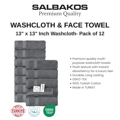 SALBAKOS 12-Piece 100% Turkish Cotton Washcloths and Face Towels, Gray | 13x13 in Standard Size Small Towel, Multi-use Bathroom & Kitchen, Thick Super Soft Absorbent Durable, Oeko-Tex Made in Turkey - color: Gray, size: 12 Washcloths