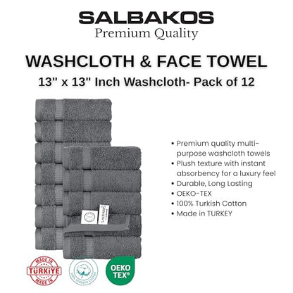 SALBAKOS 12-Piece 100% Turkish Cotton Washcloths and Face Towels, Gray | 13x13 in Standard Size Small Towel, Multi-use Bathroom & Kitchen, Thick Super Soft Absorbent Durable, Oeko-Tex Made in Turkey - color: Gray, size: 12 Washcloths