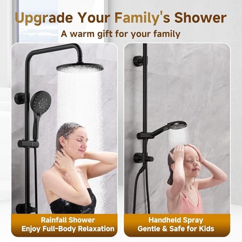 BRIGHT SHOWERS Rain Shower System Combo - 9 Inch Rainfall & Handheld Shower Heads with Power Wash, Solid Brass Rail, Height Adjustable Holder, 60 Inch Long Stainless Steel Hose, Matte Black - color: Matte Black, size: 2.5 Gallon Per Minute