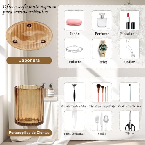 4Pcs Glass Bathroom Accessories Set, Amber Bathroom Set Glass Bathroom Decor Set with Complete Lotion Soap Dispenser, Toothbrush Holder, Mouthwash Cup, Soap Dish for Home Apartment