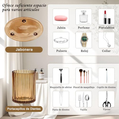 4Pcs Glass Bathroom Accessories Set, Amber Bathroom Set Glass Bathroom Decor Set with Complete Lotion Soap Dispenser, Toothbrush Holder, Mouthwash Cup, Soap Dish for Home Apartment