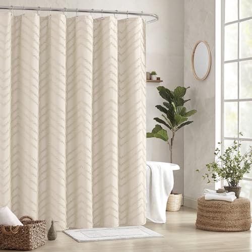 Beige Boho Shower Curtain 72 x 72 Modern Farmhouse Shower Curtain Bohemian Chic Tufted Chevron Textured Striped Minimalist Shower Curtains Woven Fabric Beige Shower Curtains | Textured Tufted Chevron Striped,Modern Minimalist Cloth Shower Curtains for Bat