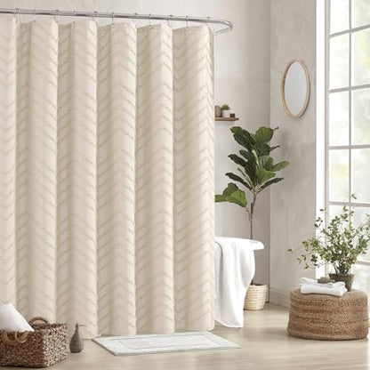 Beige Boho Shower Curtain 72 x 72 Modern Farmhouse Shower Curtain Bohemian Chic Tufted Chevron Textured Striped Minimalist Shower Curtains Woven Fabric Beige Shower Curtains | Textured Tufted Chevron Striped,Modern Minimalist Cloth Shower Curtains for Bat