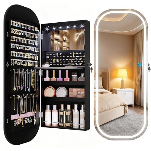 LVSOMT LED Mirror Jewelry Cabinet, Wall/Door Jewelry Organizer, 16" W Black | Lockable Jewelry Armoire with Full Length Mirror, 65 Ring and 108 Earring Slots, Foldable Shelf, Rounded Corner - color: Black