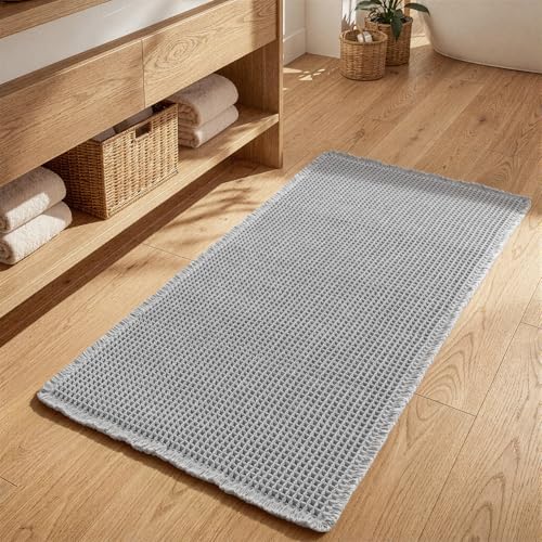 MIULEE Waffle Bathroom Runner Rugs Long Bath Mat 2'x4'(24"x48") Light Grey | Super Absorbent, Non Slip, Upgraded Soft, Quick Dry, Washable, Boho Bath Rug with Tassels for Hallway Laundry Room Bedroom - color: Light Grey, size: 24''x48''