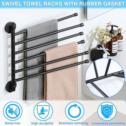 Alise Swivel Towel Rack 13.9", 6 Arm Swing Out Towel Bar, Matte Black | Space Saving Swing Arm Towel Rack for Bathroom Kitchen, 180° Rotating, SUS304 Stainless Steel
