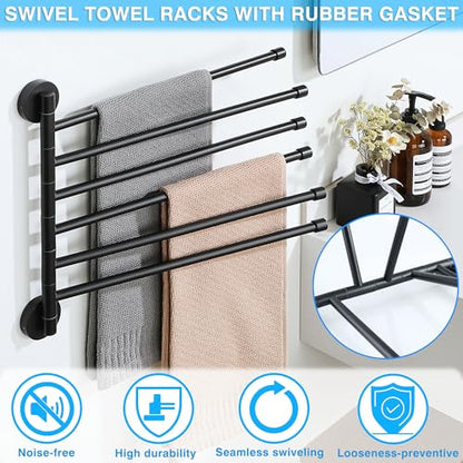 Alise Swivel Towel Rack 13.9", 6 Arm Swing Out Towel Bar, Matte Black | Space Saving Swing Arm Towel Rack for Bathroom Kitchen, 180° Rotating, SUS304 Stainless Steel
