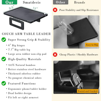 Smatdecis Couch Arm Tray Table Sofa Arm Clip, Armrest Tray Table Suitable for Home Drinks/Fast Food/Fruit Etc, Large Size Multi-Function Black(Dual Phone/Tablet Holder) - color: Black, size: 13" x 9.4"(Upgrade)