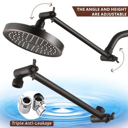 High Pressure Rain Shower Head with 11'' Extension Arm - High Flow Rainfall Showerhead - Luxury Modern Look - Pressure Boosting (Round, Oil Rubbed Bronze) - color: Oil Rubbed Bronze, style: 6" Round