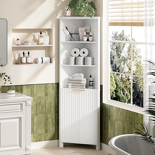 VINGLI Tall Corner Cabinet with Fluted Doors, 68" White Corner Storage Cabinet with Adjustable Shelves, Freestanding Wood Corner Bookshelf for Bathroom, Living Room & Kitchen, Space-Saving - color: Crisp White, size: 68"H Corner Cabinet