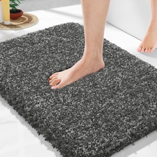 Yimobra Bathroom Rugs Non Slip Washable, Ultra Soft and Water Absorbent Bath Mats, Plush Fluffy Shower Mat Outside, Microfiber Thick Matts for Bathroom Floor/Sink, 24X17, Light Gray and Black Gray - color: Light Gray and Black Gray, size: 17" X 24"
