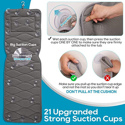 OMYSTYLE Full Body Bath Pillow, Bath Pillows for tub with Mesh Washing Bag & 21 Non-Slip Suction Cups, Spa Bathtub for Head Neck Shoulder and Back Support - 5D Air Mesh & Quick Drying | Gray - color: Gray