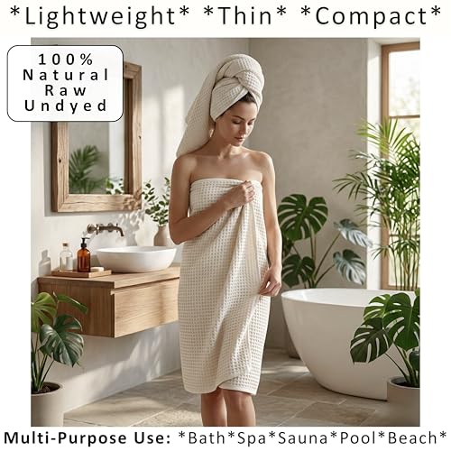 PÜSKÜL Natural 100% Turkish Cotton Waffle Bath Towels Set of 2, Extra-Large | Raw-Undyed, Oversize 32x63" Bath sheet towel for bathroom & beach. Honeycomb-Waffle weave, Premium oeko-tex made in Turkey. - color: Natural Raw-undyed, size: Bath Towels - Pack
